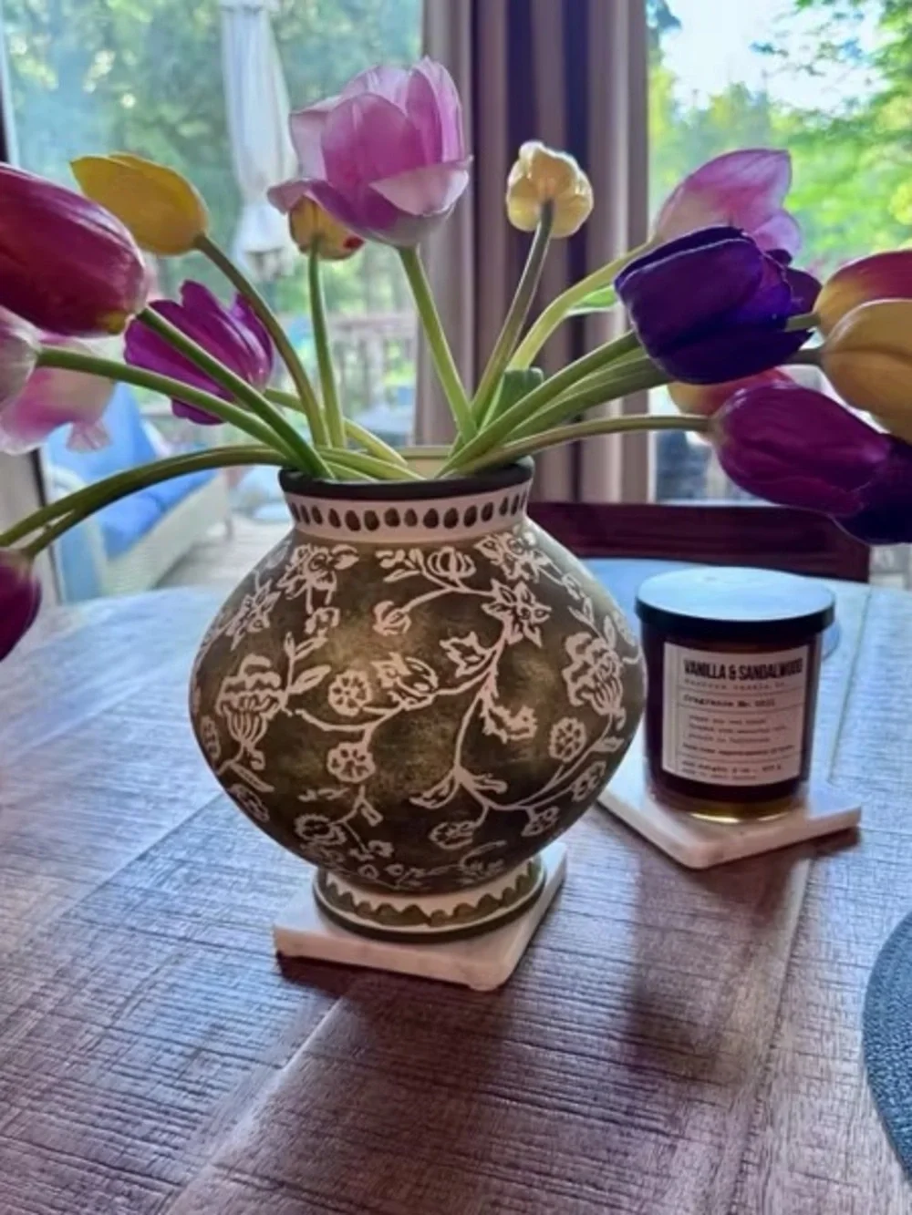 ✨Short Floral Painted Ceramic Vase Green - Threshold™